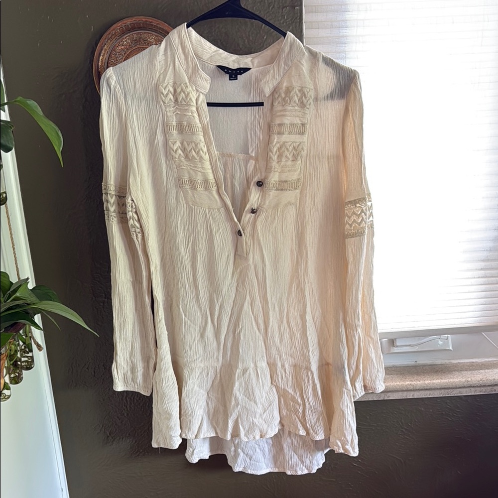 Cream 3/4 Sleeve Ruffled Blouse with Mandarin Collar